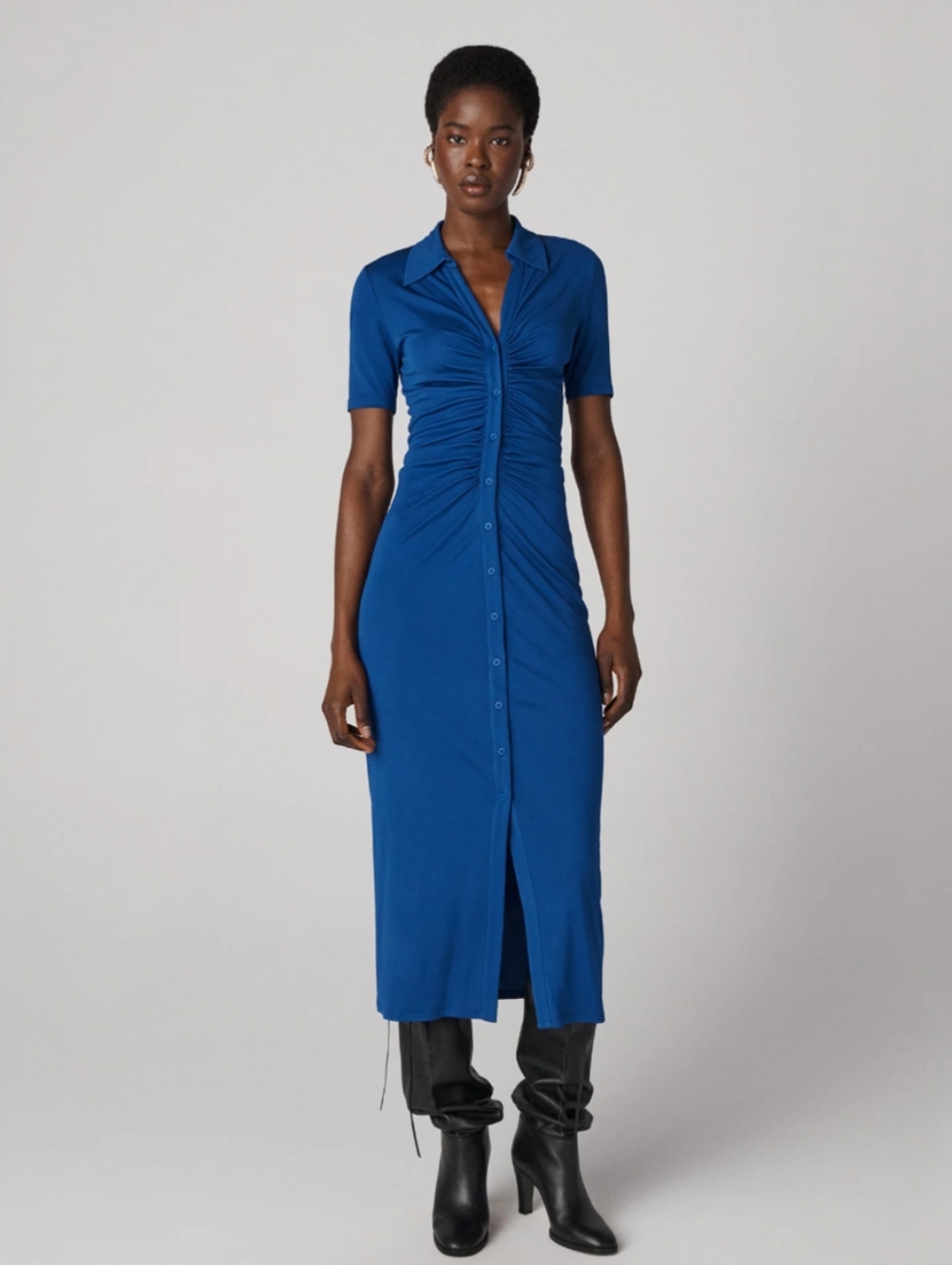 Fashion Nova Cobalt Blue Ruched Button-Front Midi Dress